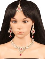Touchstone Indian Bollywood enchanting floral diamond studded look Rhinestone embellished bridal designer jewelry necklace set for women in silver or white tone. - Image 6